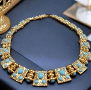 Byzantine Revival Chunky Gold Turquoise Cabochon Statement Necklace